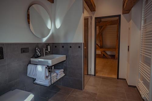 a bathroom with a sink and a mirror at Mariandl am Berg in Amberg