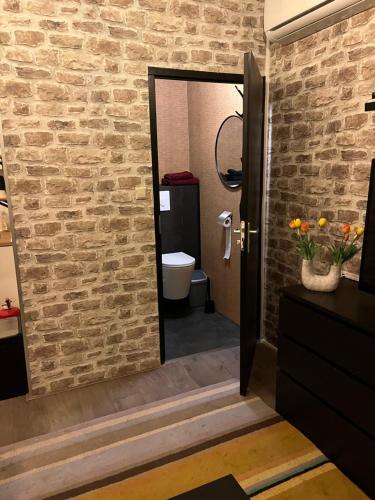 a bathroom with a brick wall and a door with a toilet at The Studio no windows 20 minutes by bus to downtown Amsterdam in Purmerend