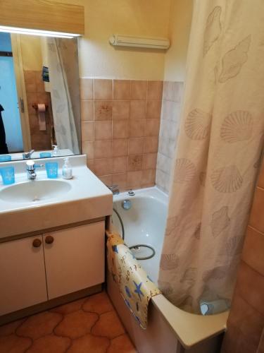 une salle de bain avec un lavabo, une baignoire et une douche dans l'établissement B-Blue T2 vue mer, à Six-Fours-les-Plages