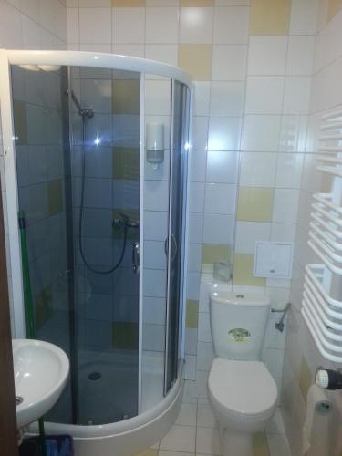 a bathroom with a shower and a toilet and a sink at Arsenał Kwatery in Włocławek