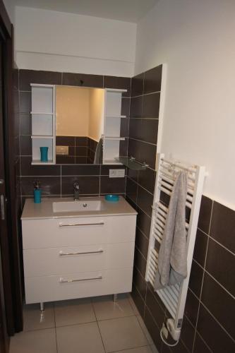 une salle de bain avec un lavabo et un miroir dans l'établissement Les Petites Alpes - Apt 5 Prs - 3 min des plages - climatisation, à Antibes