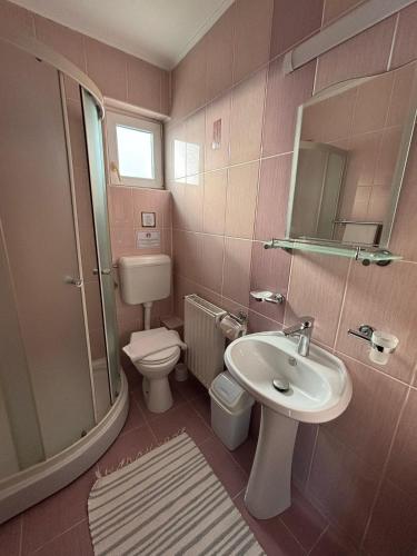 a pink bathroom with a sink and a toilet at Pensiunea Amarilis in Moieciu de Jos