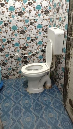 a bathroom with a toilet with a mosaic wall at Shree Gopal Niketan in Mathura