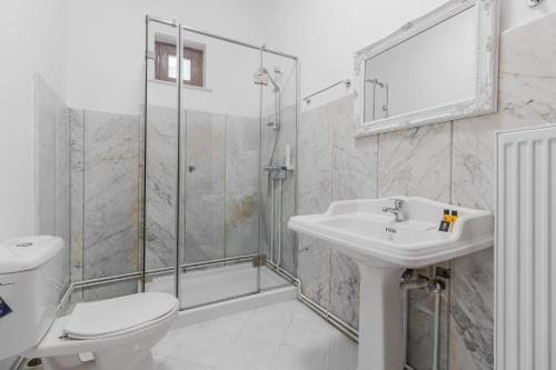 a bathroom with a toilet and a sink and a shower at Casa Bella in Oradea