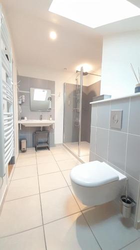 une salle de bain blanche avec toilettes et douche dans l'établissement L3 Chambre double au Domaine de Treuillaud avec piscine, à Villers-les-Ormes