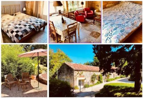 a collage of four pictures of a hotel room at Gites nature 14 pers - 7 Ch - Piscine - Dordogne Lot in Montcabrier