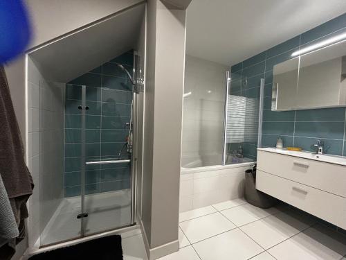 a bathroom with a shower and a sink at Charmante maison à Évian avec terrasse et parking - FR-1-498-113 in Évian-les-Bains