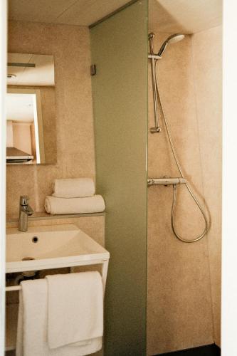 a bathroom with a shower and a sink at Breezand Beachhouses in Vrouwenpolder