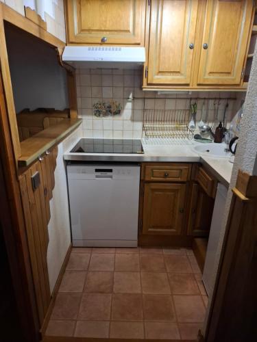 - une petite cuisine avec des placards en bois et un lave-vaisselle blanc dans l'établissement Appartement cosy à 100m des pistes, à Modane