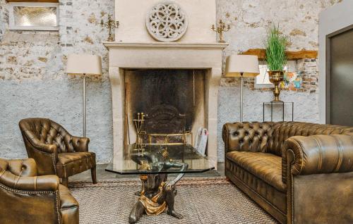 Elle comprend un salon doté d'un mobilier en cuir et d'une cheminée. dans l'établissement Suite Acacias Avec Piscine, à Gien