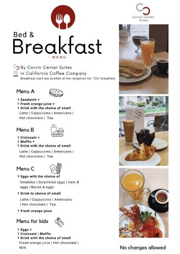 a screenshot of a menu for a breakfast restaurant at Corvin Center Suites in Budapest