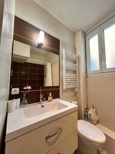 une salle de bain avec un lavabo, des toilettes et un miroir dans l'établissement Rue piétonne - 4 pers - Proche place du marche, à Fontainebleau