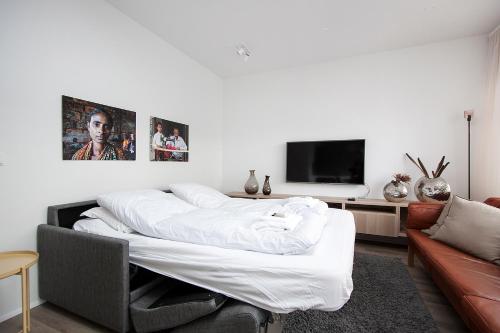 a white living room with a couch and a tv at Reykjavík Central Apartments in Reykjavík
