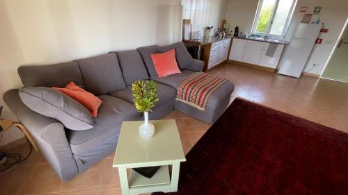 a living room with a gray couch and a table at Vale das Estrelas in São Teotónio