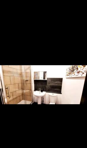 a bathroom with a sink and a toilet and a shower at Studio Flat in Vauxhall Zone 1 in London