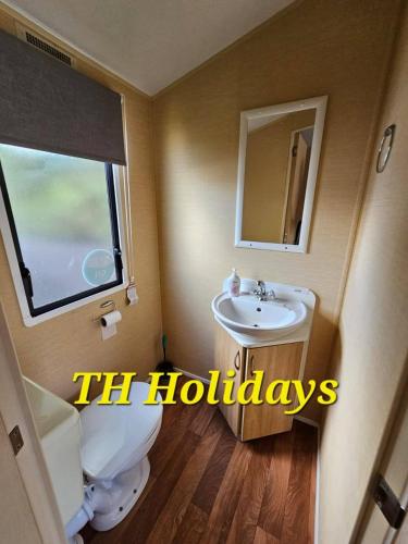 a bathroom with a sink and a toilet and a window at TH Holidays in Meliden