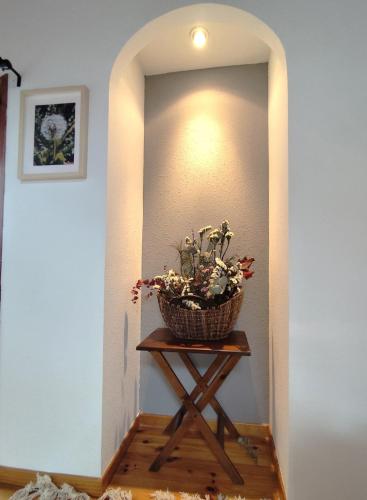 a plant in a basket on a stand in a hallway at L'avet blau in Sainte-Léocadie