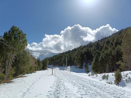 a snowy road with footprints in the snow at L'avet blau in Sainte-Léocadie