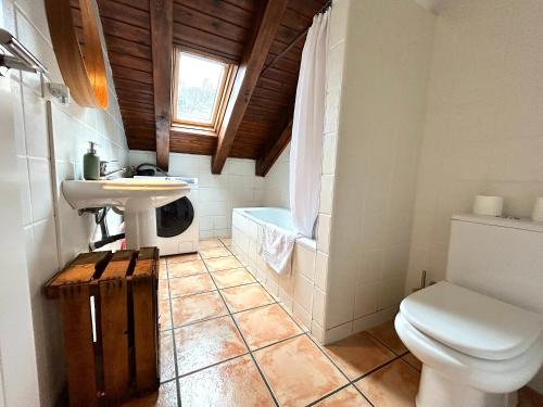 a bathroom with a sink and a toilet and a window at Dúplex amb encant al centre d'Espot by RURAL D'ÀNEU in Espot
