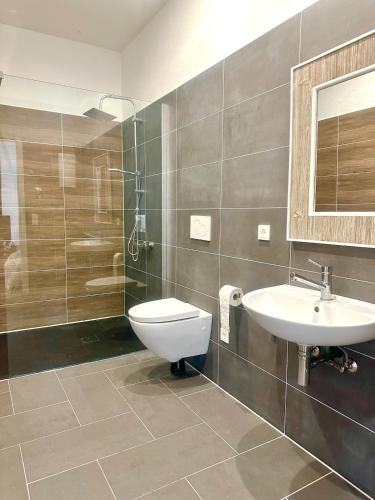 a bathroom with a toilet and a sink and a shower at Castle View Apartment 3 in Weilburg