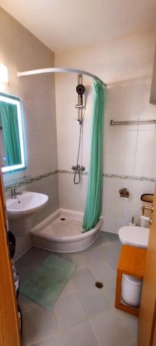 a bathroom with a green shower curtain and a tub at Vineyard Spa Resort 2-Room Apartement in Kableshkovo