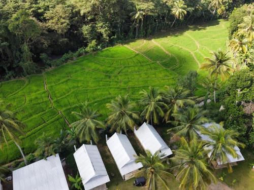 an aerial view of a resort with palm trees at White House Safari Cottage in Udawalawe