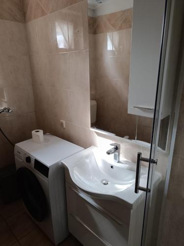 a bathroom with a sink and a washing machine at Apartman Mia in Umag