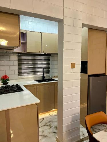 a kitchen with stainless steel appliances and a counter at Grand T Abode Luxury Apartment in Ibadan