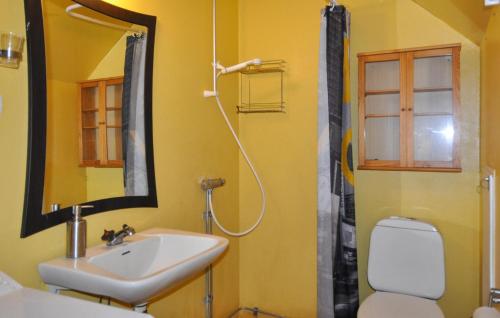 a bathroom with a sink and a toilet and a mirror at Nice Home In Årjäng With Wifi in Årjäng