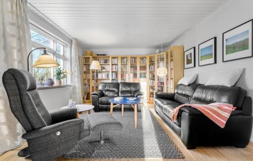 FarsøにあるNice Home In Farsø With Wifiのリビングルーム(黒革の家具、本棚付)