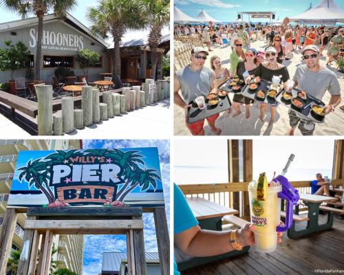 a collage of photos with people playing guitar and a bar at OceanView Oasis - Relax with Hot Tub, Breakfast, Fire Pit & Putting Green! in Panama City Beach