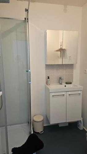 a white bathroom with a sink and a shower at L'escale cosy in Dinan