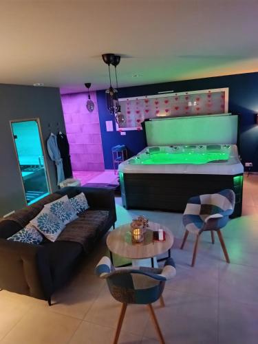 - un salon avec un canapé et un billard dans l'établissement Le NaturOspa spa privatif, à Le Quesnoy-en-Artois