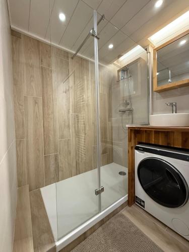 une salle de bain avec douche et machine à laver dans l'établissement Joli 2P Mummery centre-ville de Chamonix, à Chamonix-Mont-Blanc