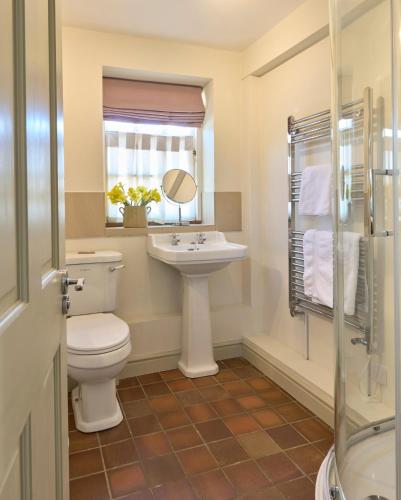 a bathroom with a toilet and a sink and a mirror at The Old School, Idbury, OX7 6RU in Chipping Norton