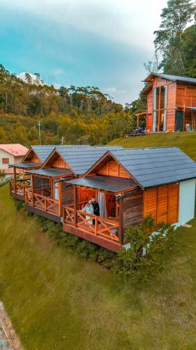 an overhead view of a large wooden house at Cabanas THE VIEW in Santa Teresa