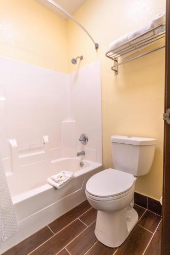 a bathroom with a white toilet and a bath tub at Super 8 by Wyndham Big Rapids in Big Rapids