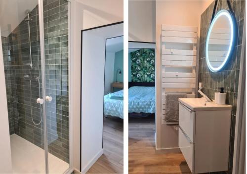 two pictures of a bathroom with a shower and a bedroom at La maison du vieux bourg in Perrier
