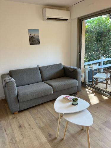 un salon avec un canapé et une table dans l'établissement Charmant studio en bord de mer Antibes, à Antibes
