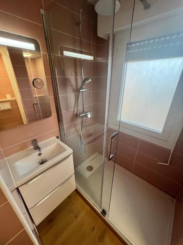 une salle de bain avec douche et lavabo dans l'établissement Charmant studio en bord de mer Antibes, à Antibes