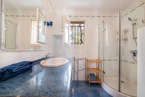 une salle de bain avec lavabo et douche dans l'établissement Montgit - Piscine grand jardin parking, à Montmeyan