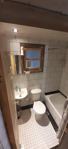 a bathroom with a toilet and a sink and a tub at Hospedaje Leñas del Tolosa in Las Cuevas