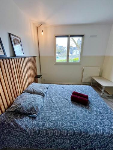 Un dormitorio con una cama con una almohada roja encima. en Le Belvédère - Bord de Sarthe - 4pers, en Le Mans