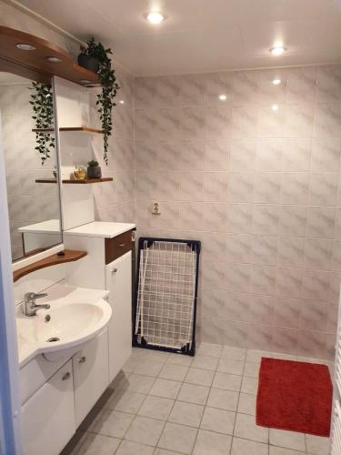 a bathroom with a white sink and a red rug at SUNBI-Chalet in Lathum