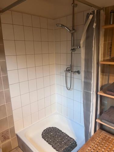 a bathroom with a shower and a bath tub at Franziska's Ferienwohnung - Die Unterkunft in ruhiger Lage direkt am Wald in Marburg an der Lahn