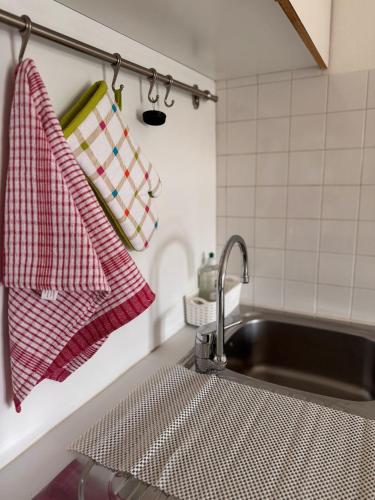 a kitchen sink with red and white towels on a wall at Boutique Home in Castelfranco Veneto