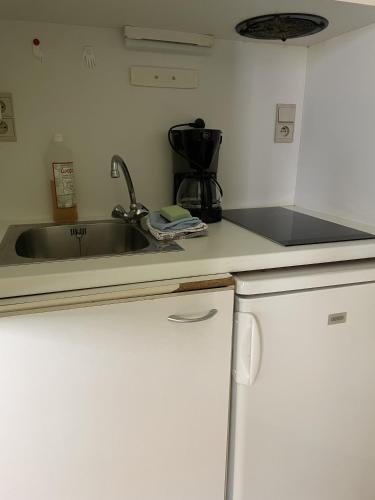 a kitchen with a sink and a counter top at Logies De Wandelaar in Middelkerke