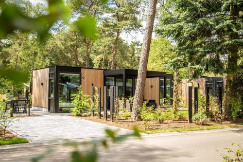 a modern house in the woods with glass at TopParken - Resort Veluwe in Garderen