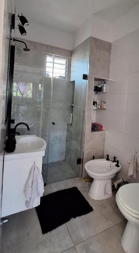 a bathroom with a shower and a toilet and a sink at Ohana in Lomas del Mirador