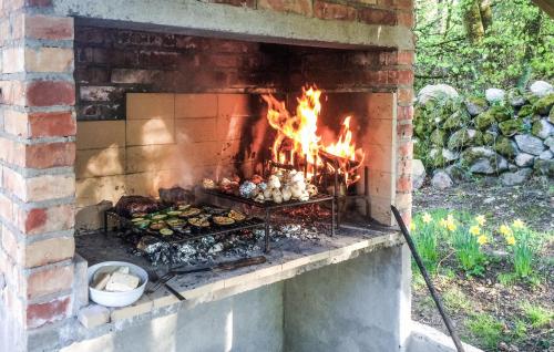 a fire in a brick oven with food in it at Lovely Home In Sösdala With Sauna in Sösdala